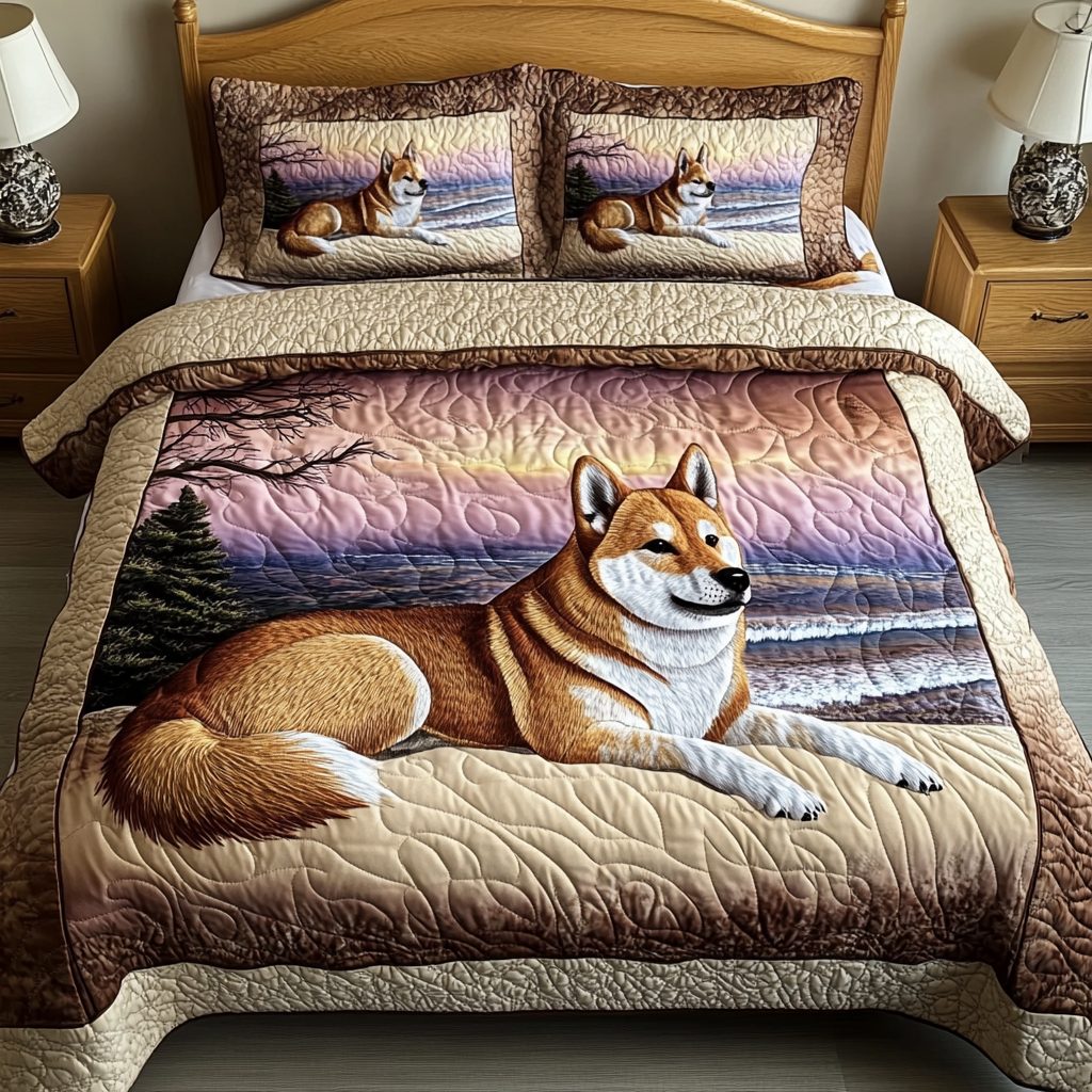 Shiba Dream quilted 3-piece bedding set on a made bed with two matching pillow shams
