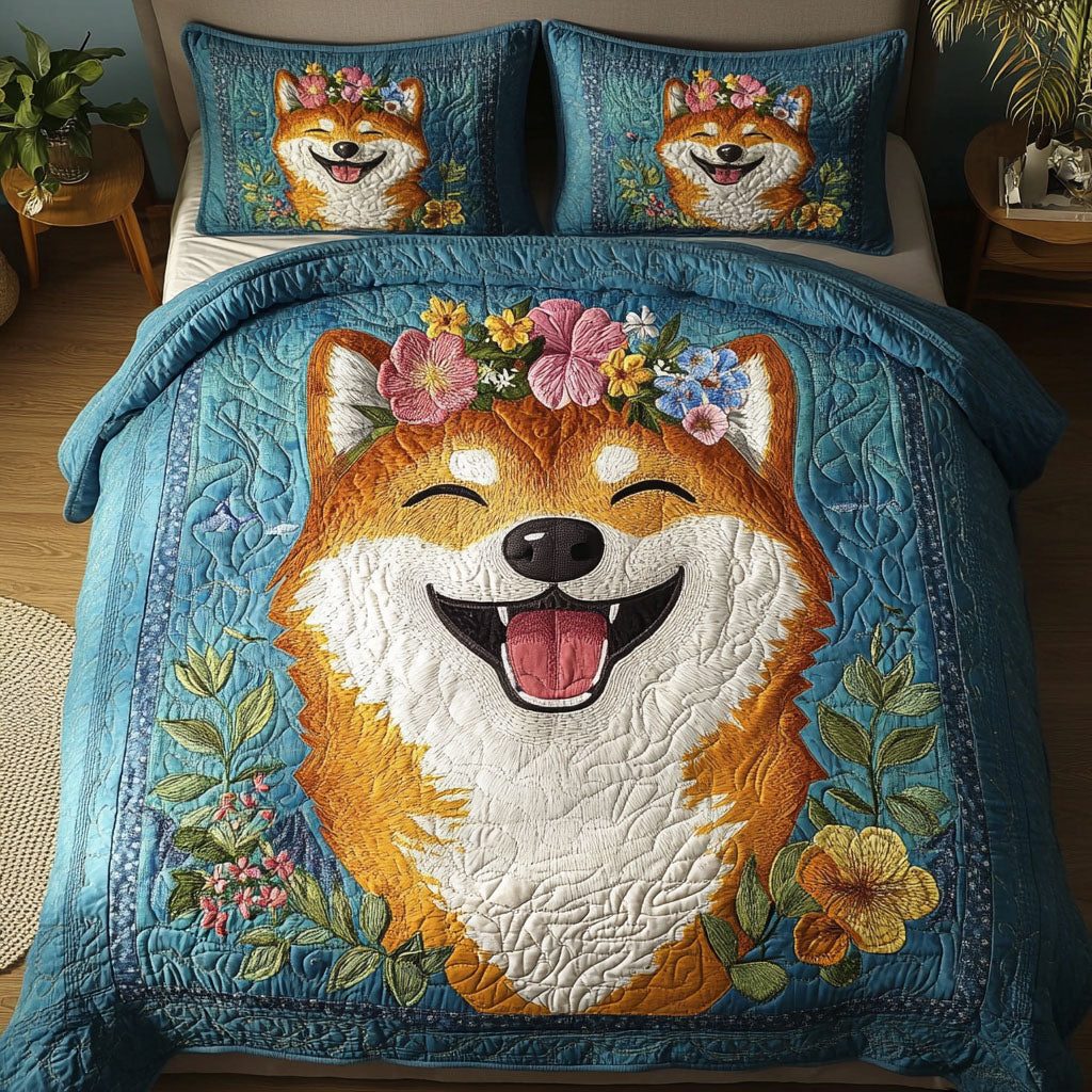 Shiba Flower Crown quilted 3-piece bedding set on a made bed with two matching pillow shams