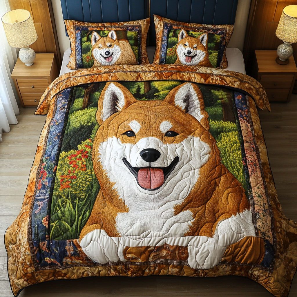 Shiba Forest Smile quilted 3-piece bedding set on a made bed with two matching pillow shams