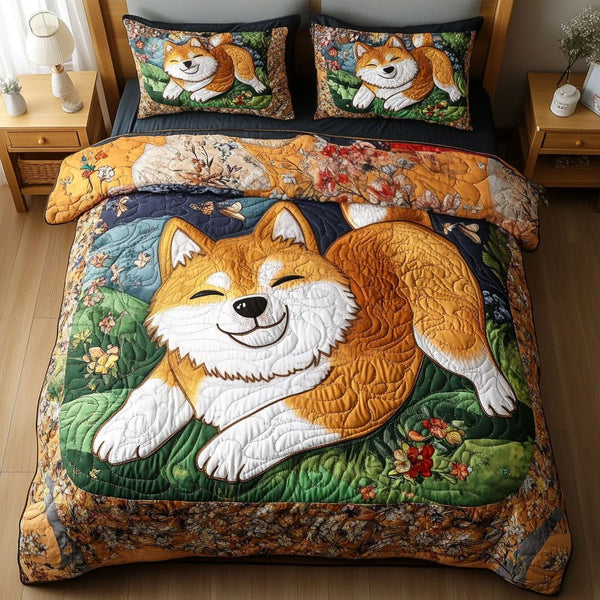 Shiba Happy Play quilted 3-piece bedding set on a made bed with two matching pillow shams