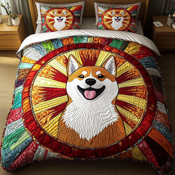 Shiba Radiant Sun quilted 3-piece bedding set on a made bed with two matching pillow shams