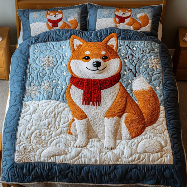 Shiba Snow Scarf quilted 3-piece bedding set on a made bed with two matching pillow shams
