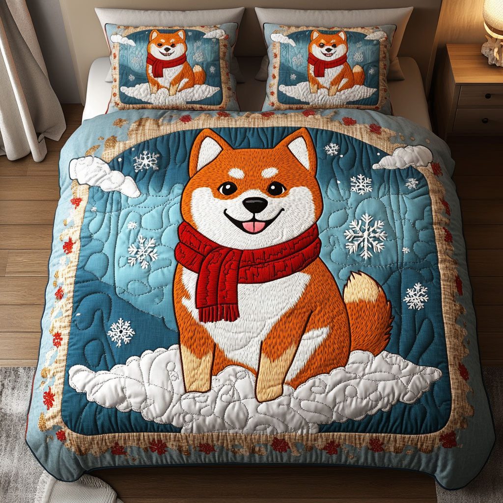 Shiba Winter Blue quilted 3-piece bedding set on a made bed in a winter-styled bedroom