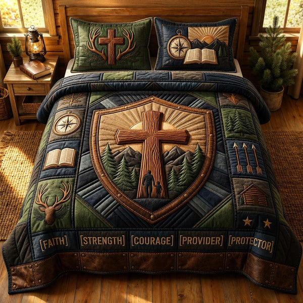 Shield Father quilted 3-piece bedding set on a made bed with two matching pillow shams