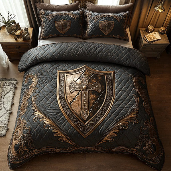 Shield of Valor quilted 3-piece bedding set on a made bed with two matching pillow shams