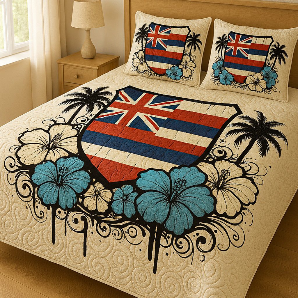 Shielded Aloha quilted 3-piece bedding set on a made bed with two matching pillow shams