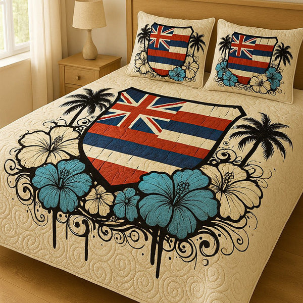 Shielded Aloha quilted 3-piece bedding set on a made bed with two matching pillow shams