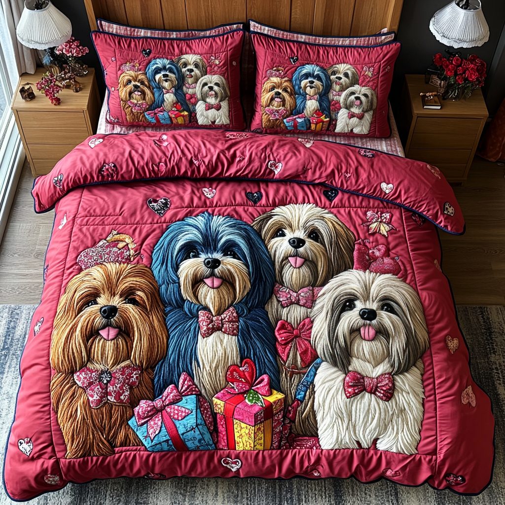 Shih Tzu Bliss quilted 3-piece bedding set on a made bed with two matching pillow shams