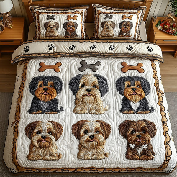 Shih Tzu quilted 3-piece bedding set on a made bed with two matching pillow shams