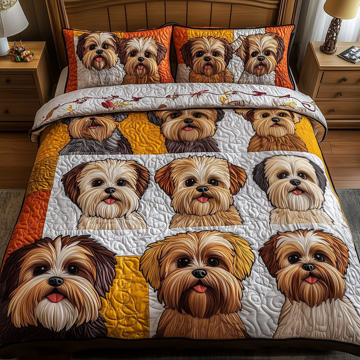 Shih Tzu quilted 3-piece bedding set on a made bed with two matching pillow shams