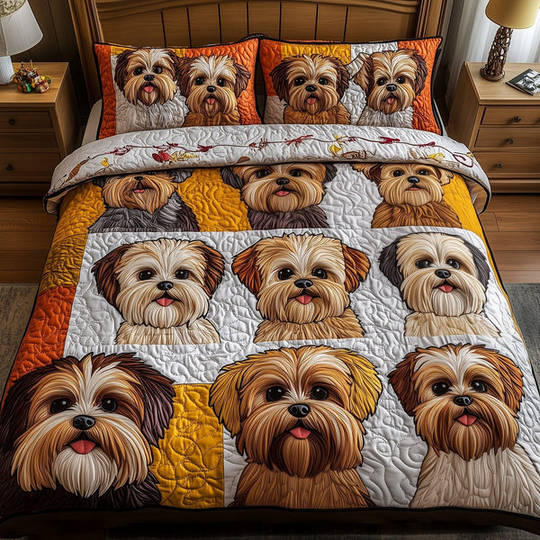 Shih Tzu quilted 3-piece bedding set on a made bed with two matching pillow shams