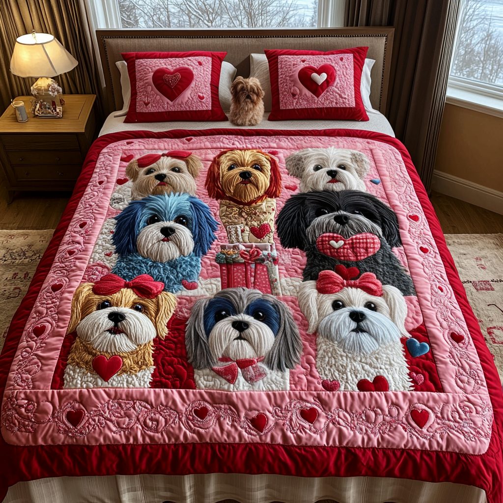 Shih Tzu Wonderland quilted 3-piece bedding set on a made bed with two matching pillow shams