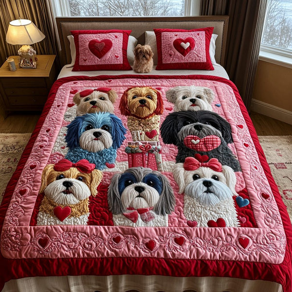 Shih Tzu Wonderland quilted 3-piece bedding set on a made bed with two matching pillow shams