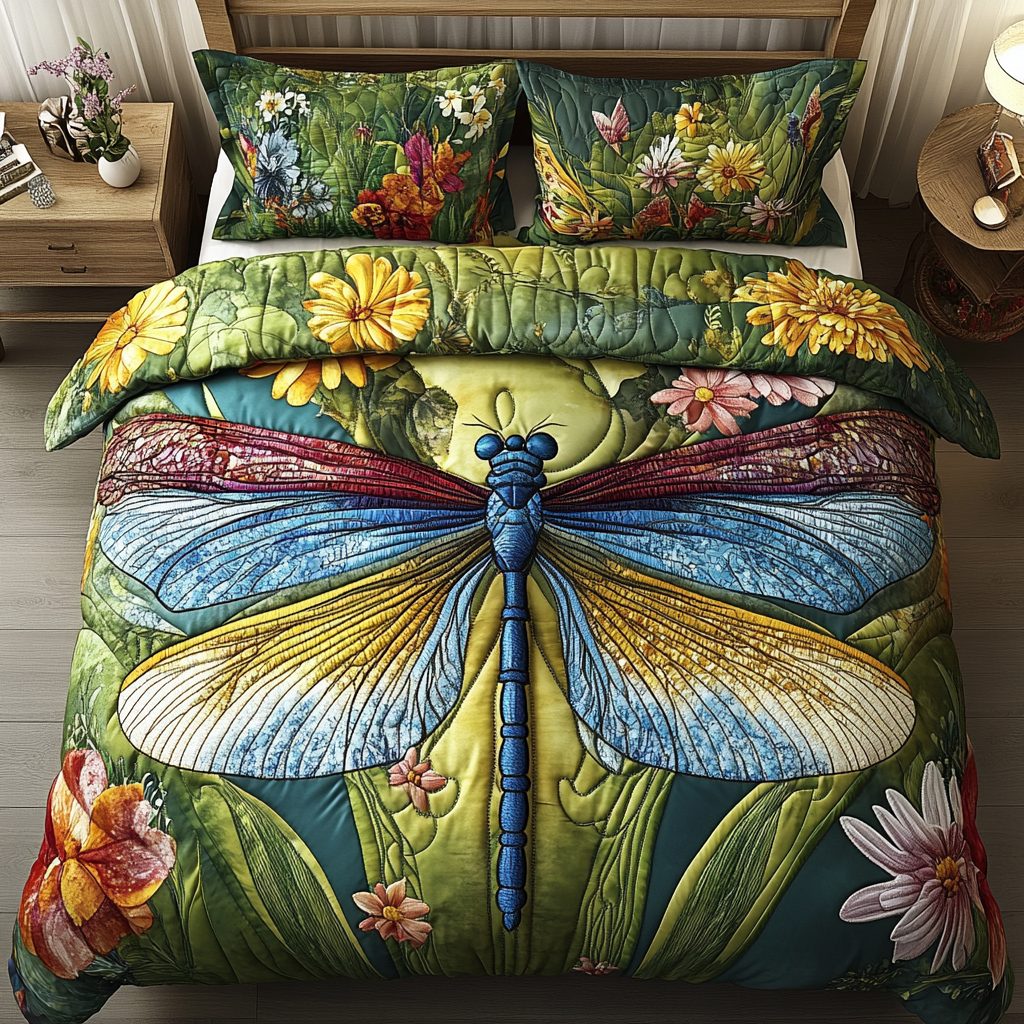 Shimmer Wings quilted 3-piece bedding set on a made bed with two matching pillow shams