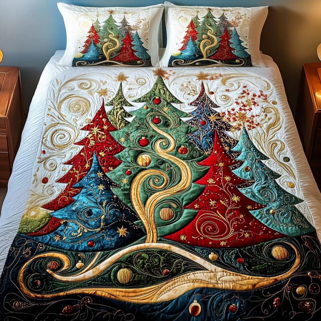 Shimmering Evergreen Tales quilted 3-piece bedding set on a made bed with two matching pillow shams