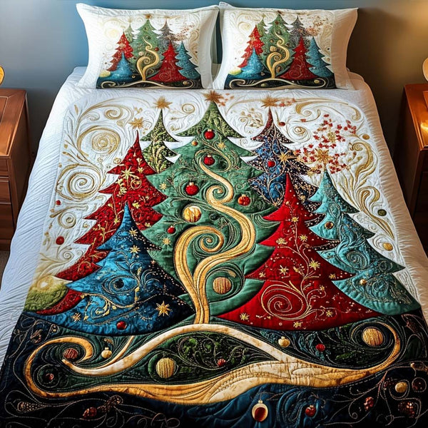 Shimmering Evergreen Tales quilted 3-piece bedding set on a made bed with two matching pillow shams