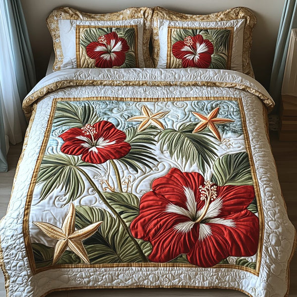 Shimmering Flora quilted 3-piece bedding set on a made bed with two matching pillow shams