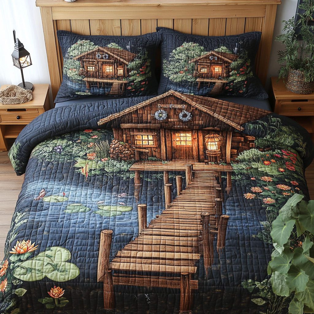 Shimmering Shore Shack quilted 3-piece bedding set on a made bed in a light coastal bedroom