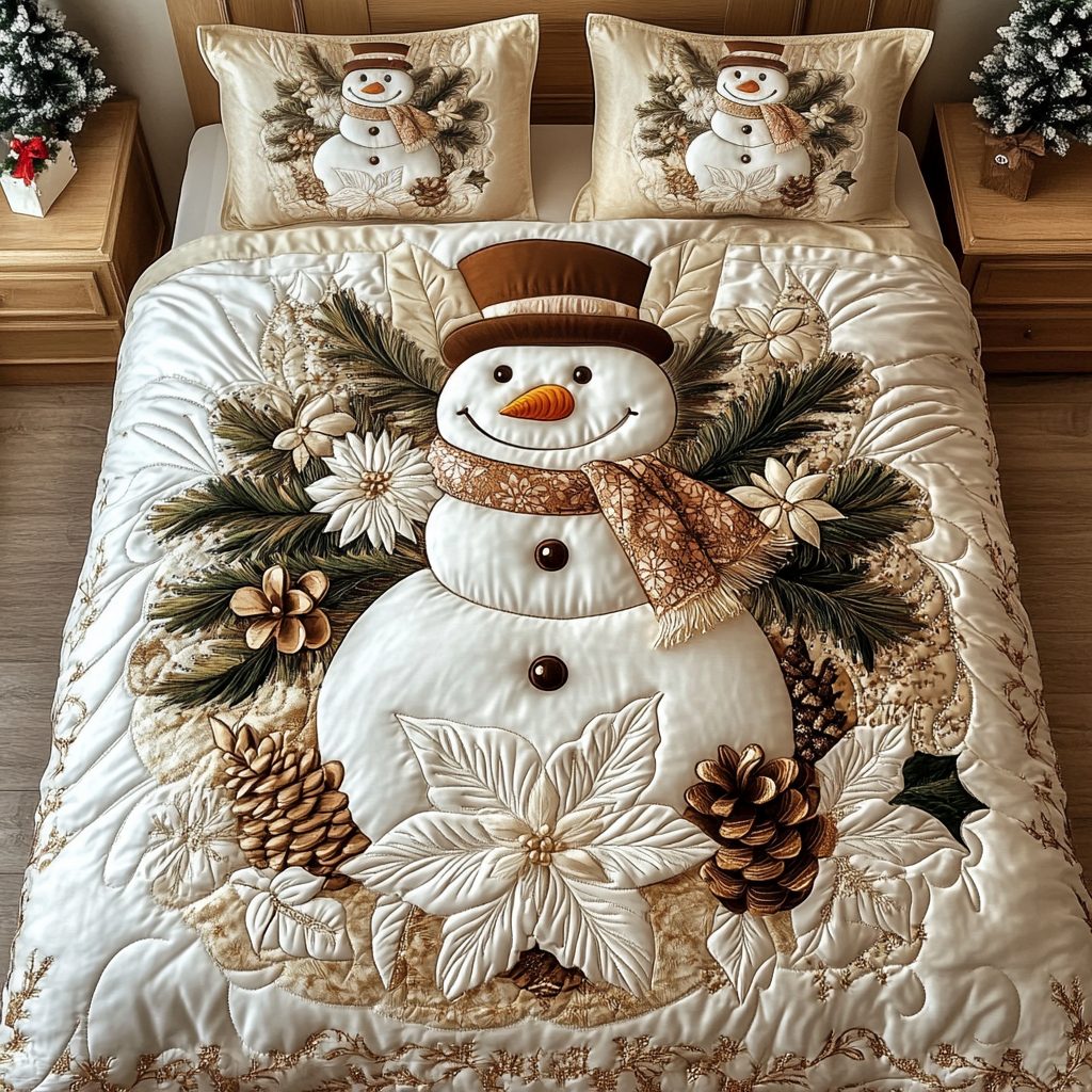 Shimmering Tranquility quilted 3-piece bedding set on a made bed with two matching pillow shams