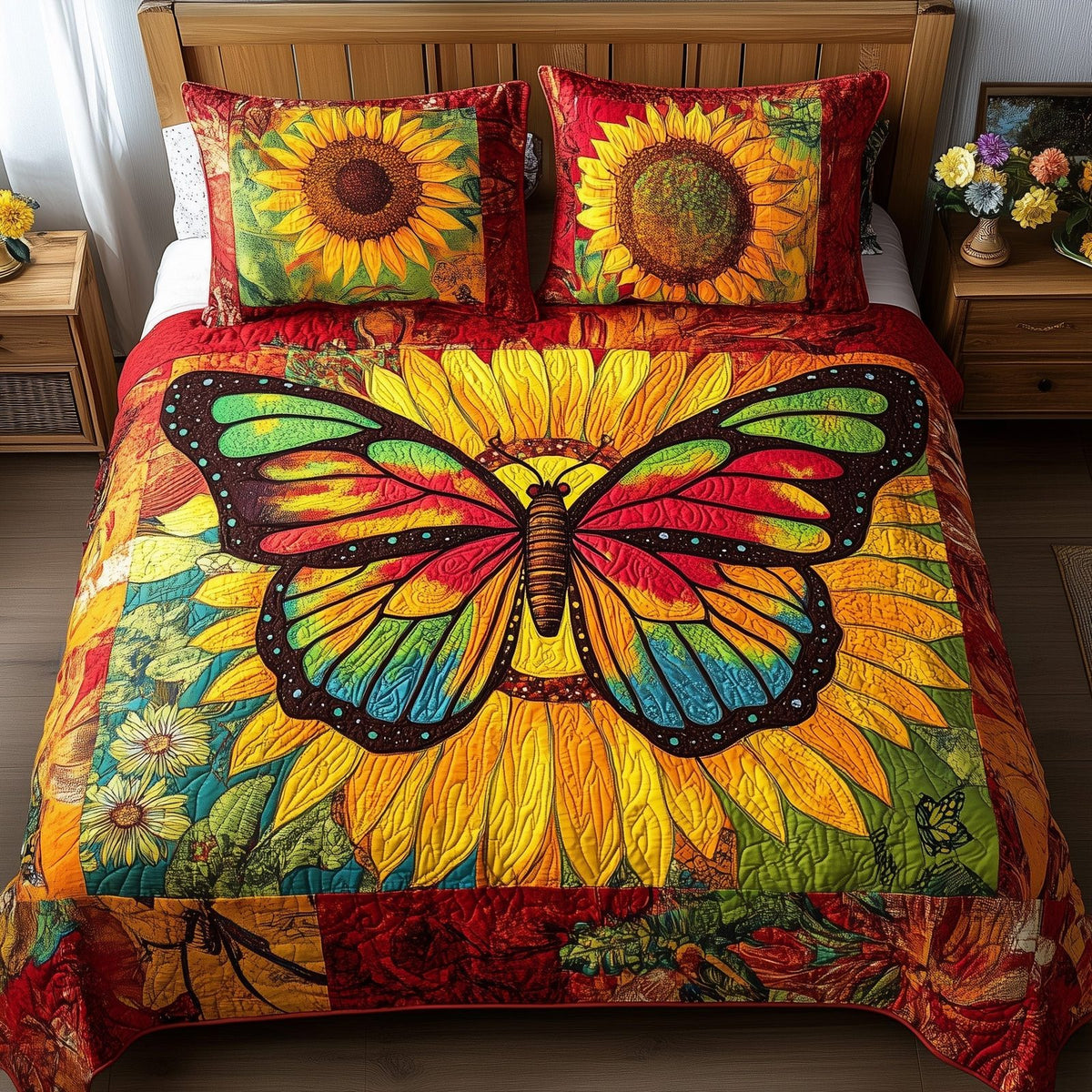 Shining Butterfly quilted 3-piece bedding set on a made bed with two matching pillow shams