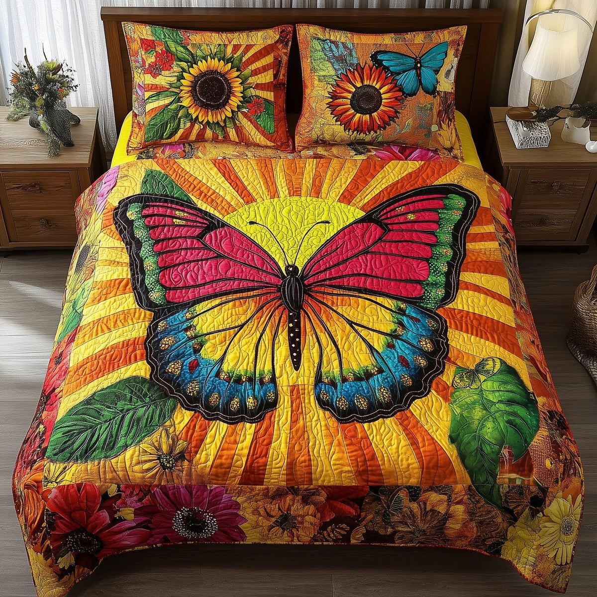 Shining Butterfly quilted 3-piece bedding set on a made bed with two matching pillow shams