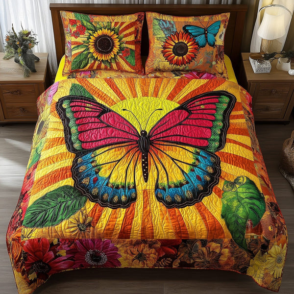 Shining Butterfly quilted 3-piece bedding set on a made bed with two matching pillow shams