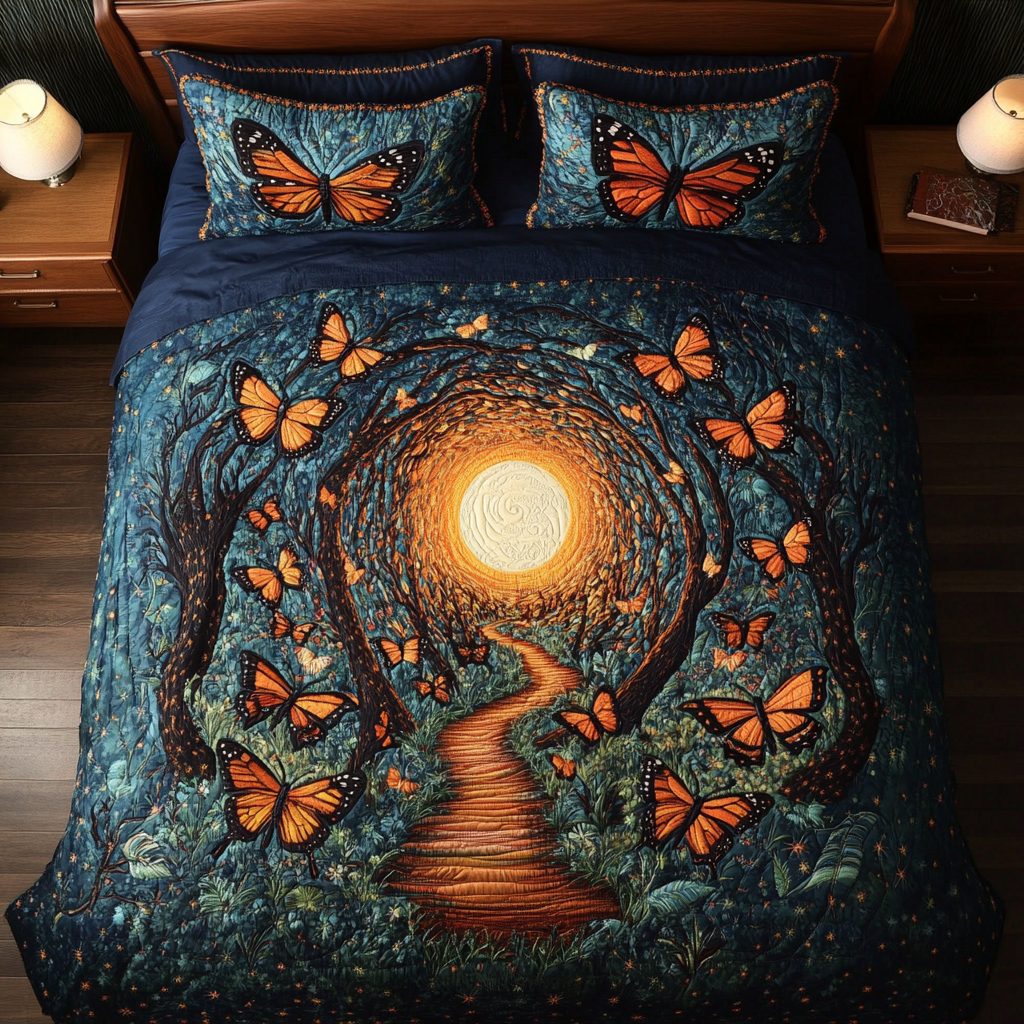 Shining Butterfly quilted 3-piece bedding set on a made bed with two matching pillow shams