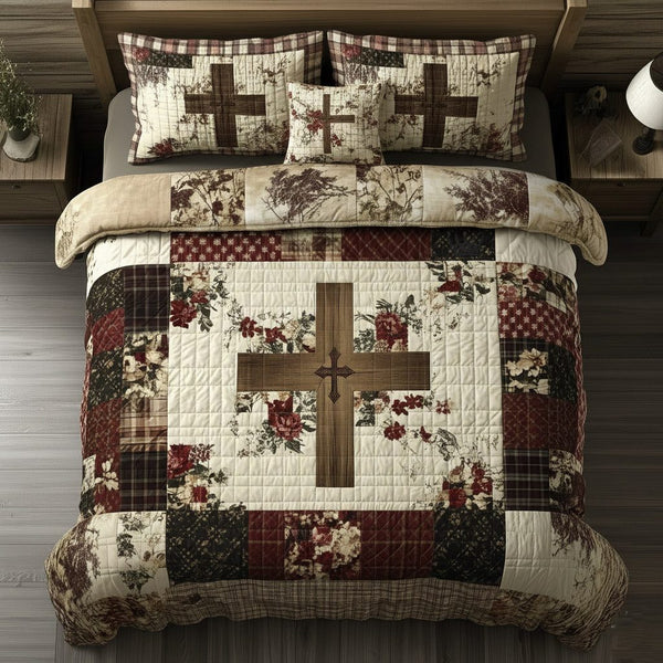 Shining Cross quilted 3-piece bedding set on a made bed in a softly lit bedroom