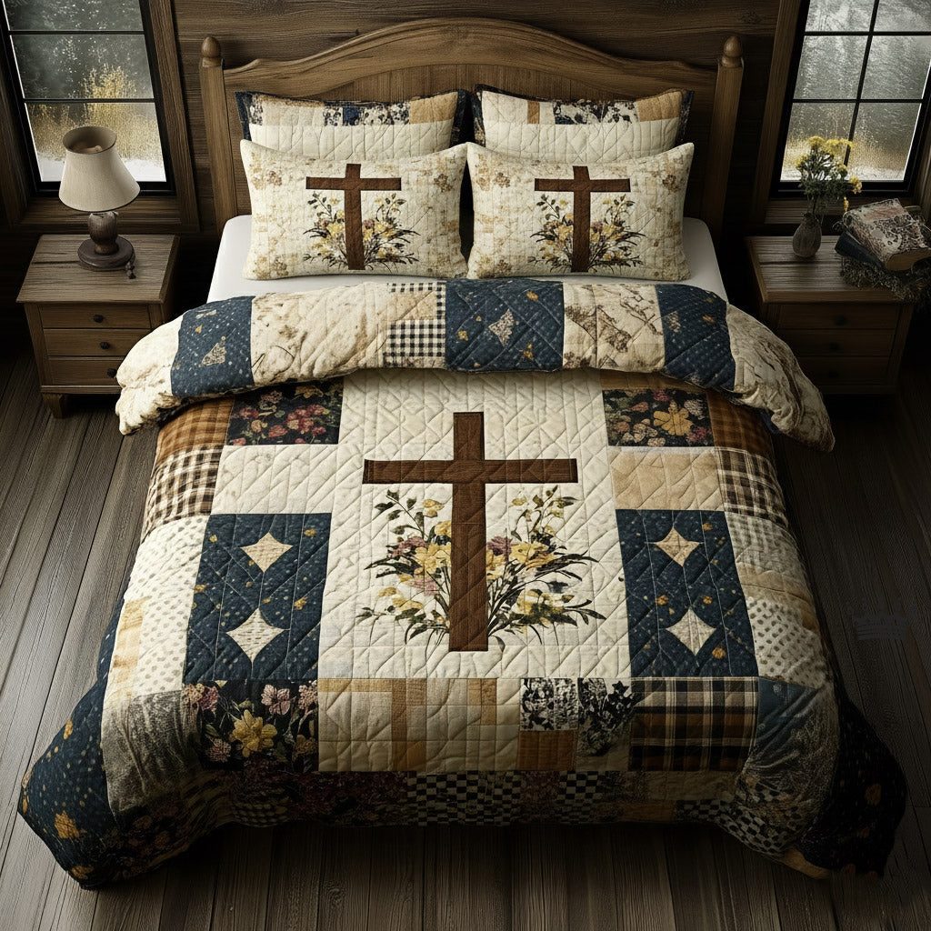 Shining Cross quilted 3-piece bedding set on a made bed in a softly lit bedroom