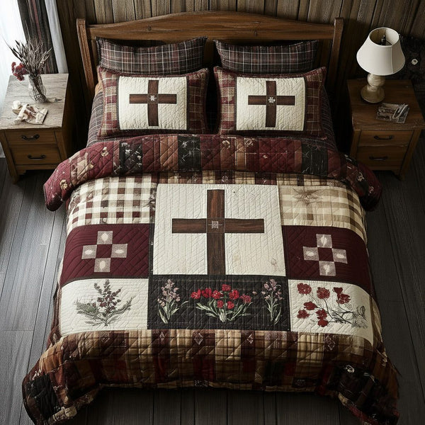 Shining Cross quilted 3-piece bedding set on a made bed in a softly lit bedroom