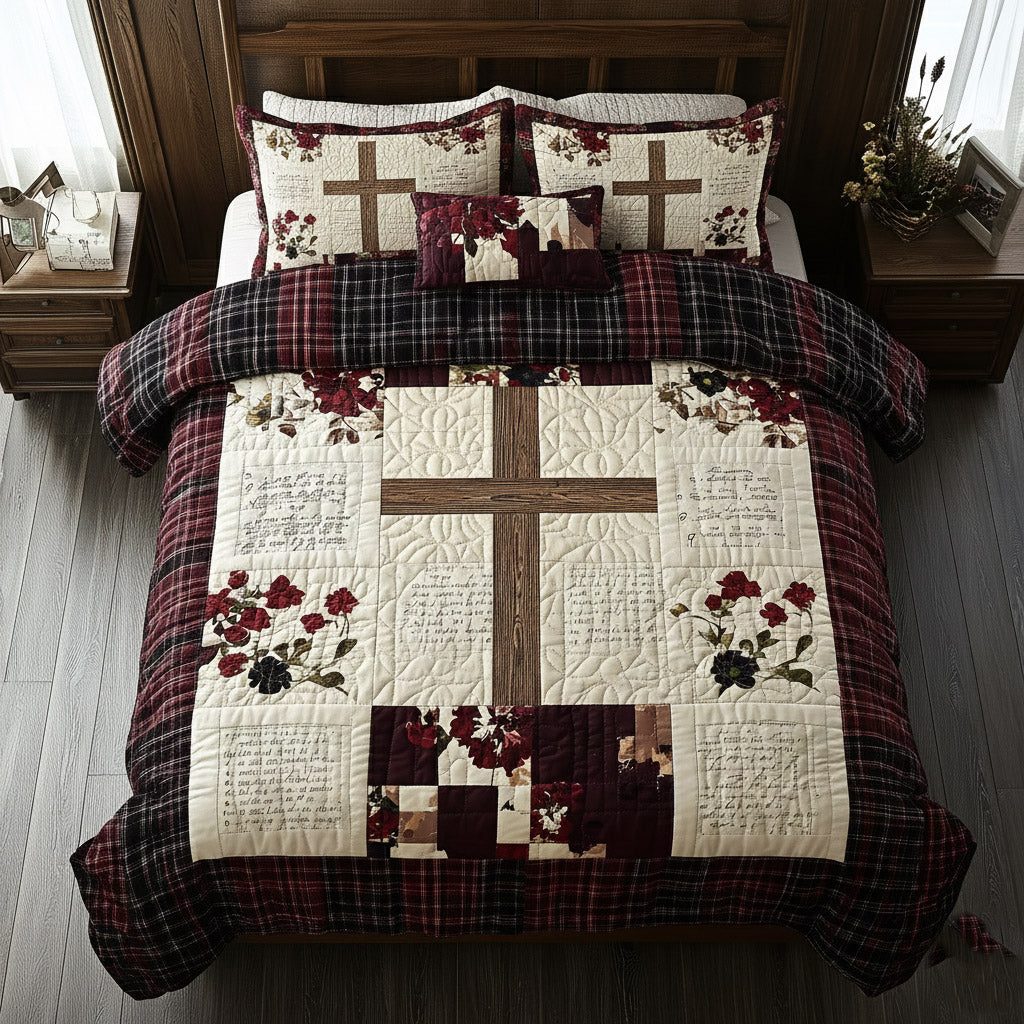 Shining Cross quilted 3-piece bedding set on a made bed in a softly lit bedroom