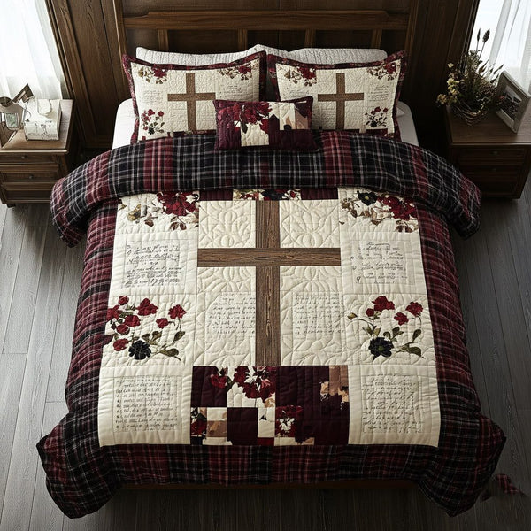 Shining Cross quilted 3-piece bedding set on a made bed in a softly lit bedroom