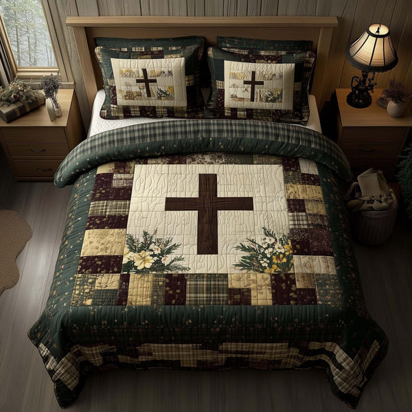 Shining Cross quilted 3-piece bedding set on a made bed in a softly lit bedroom