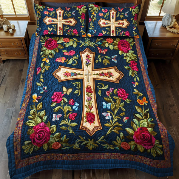 Shining Cross quilted 3-piece bedding set on a made bed in a softly lit bedroom