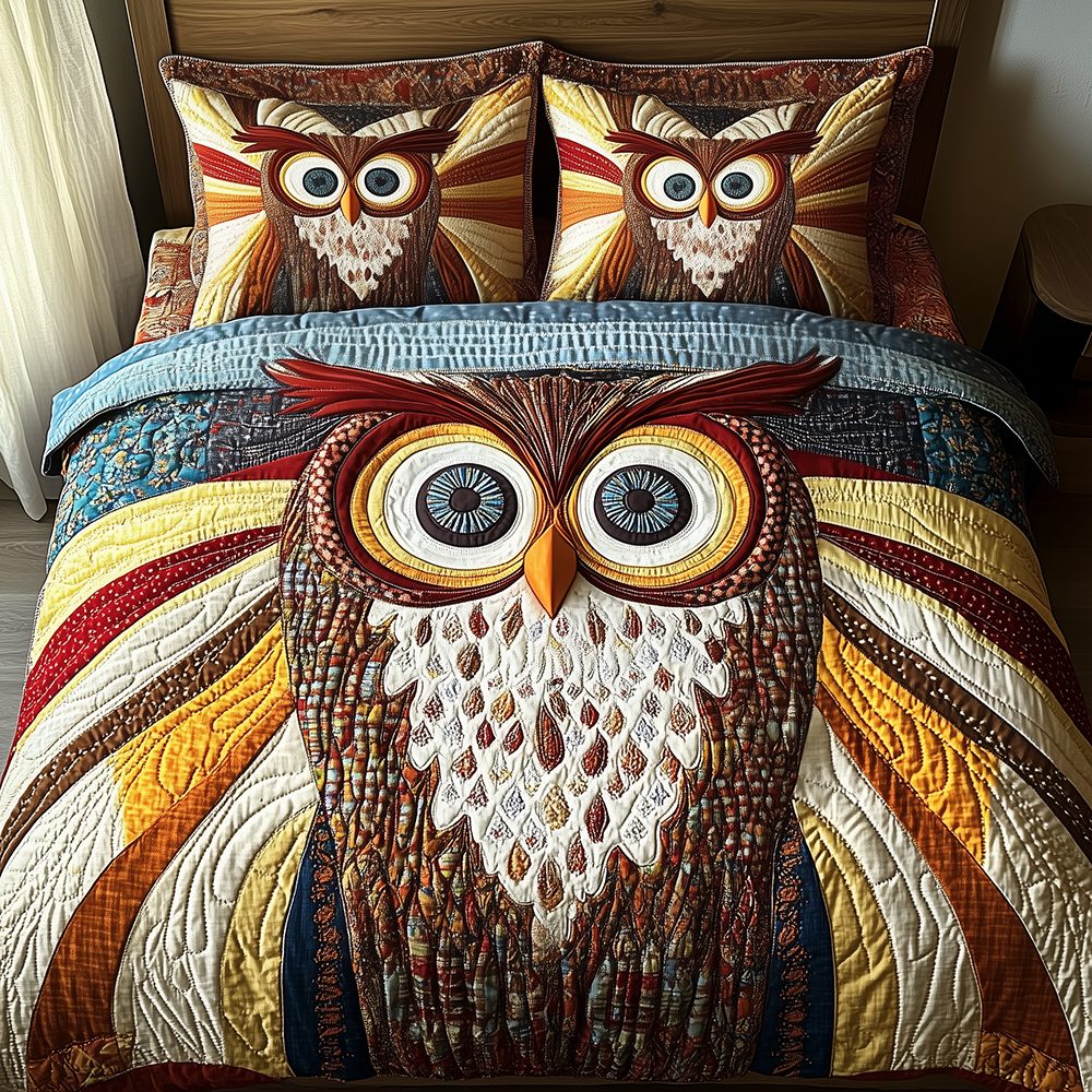 Shining Owl quilted 3-piece bedding set on a made bed with two matching pillow shams