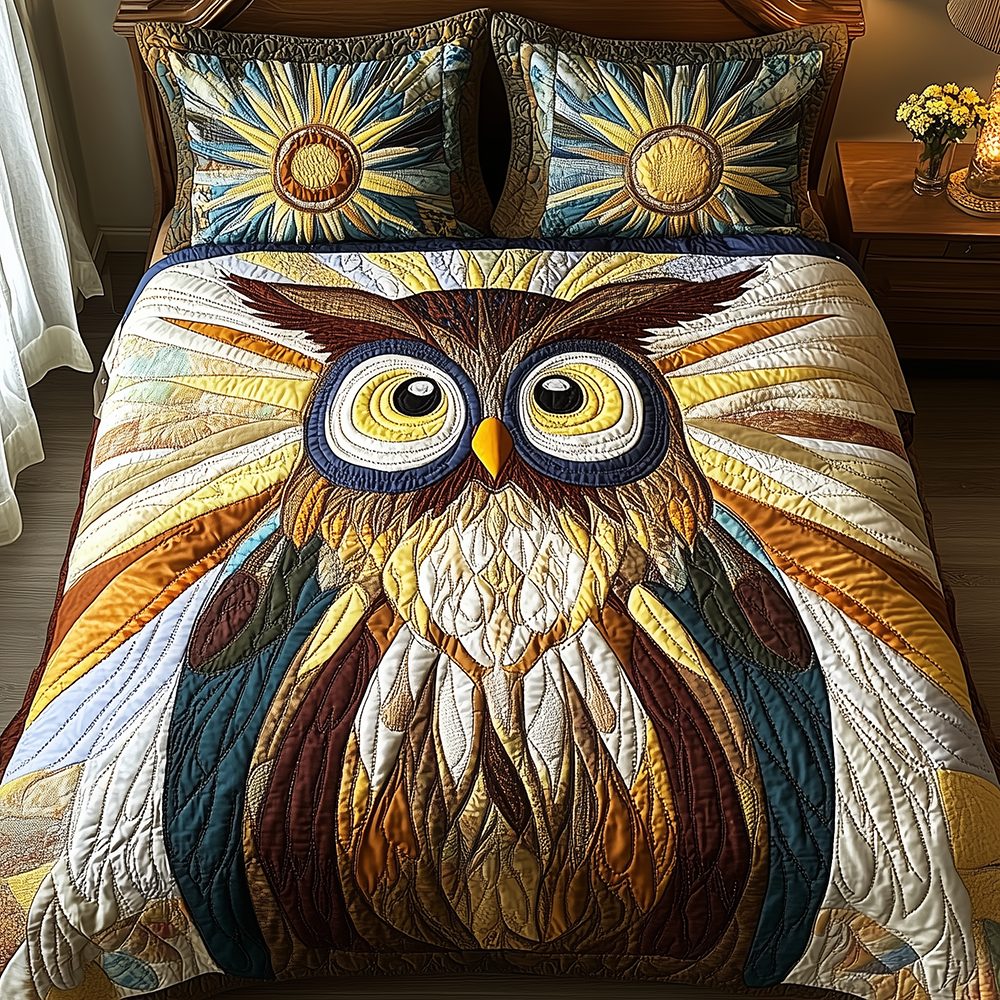 Shining Owl quilted 3-piece bedding set on a made bed with two matching pillow shams