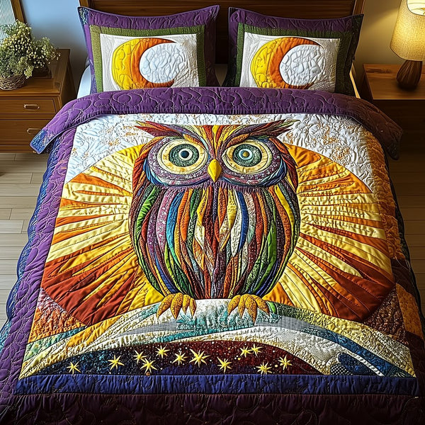 Shining Owl quilted 3-piece bedding set on a made bed with two matching pillow shams