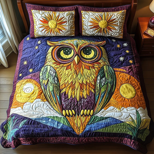 Shining Owl quilted 3-piece bedding set on a made bed with two matching pillow shams