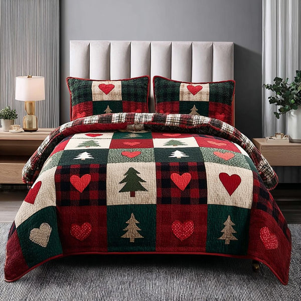 Shining Pine quilted 3-piece bedding set on a made bed with two matching pillow shams