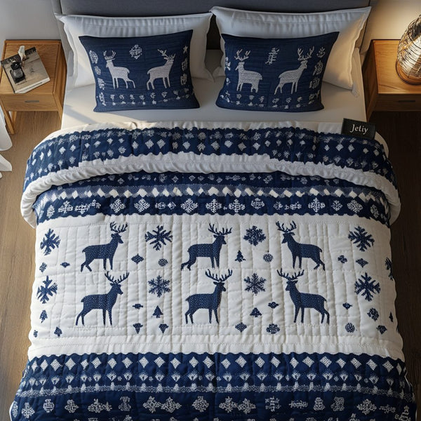 Shining Stags quilted 3-piece bedding set on a made bed with two matching pillow shams