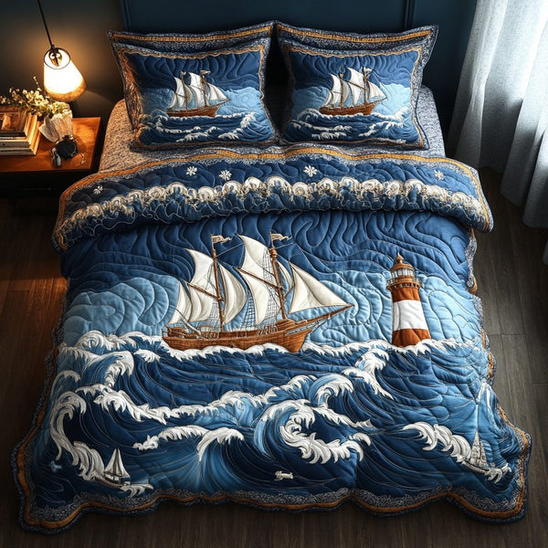 Shipwreck Serenity quilted 3-piece bedding set on a made bed with two matching pillow shams