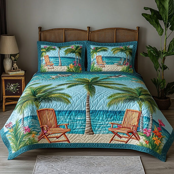 Shore Break quilted 3-piece bedding set on a made bed in a light coastal bedroom