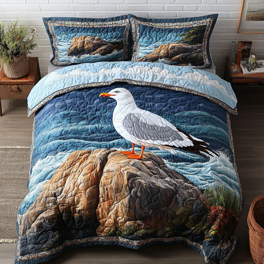 Shore Soar quilted 3-piece bedding set on a made bed in a light coastal bedroom