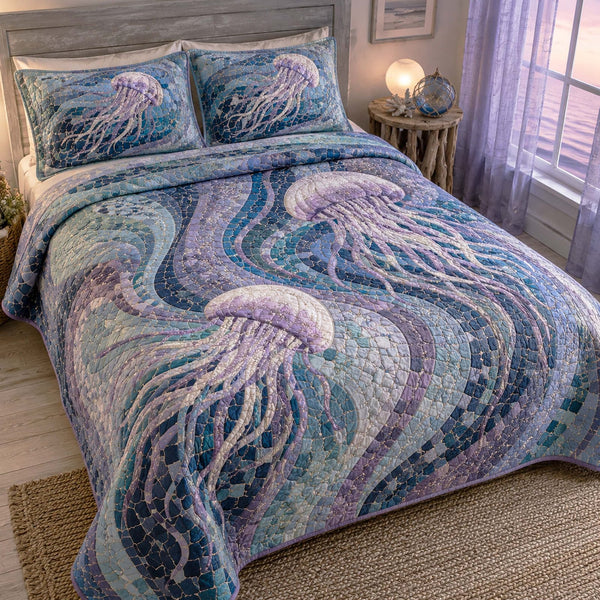 Shore Vibes quilted 3-piece bedding set on a made bed in a light coastal bedroom