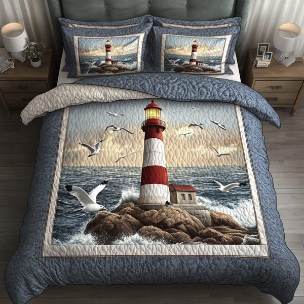 Shoreline Beam quilted 3-piece bedding set on a made bed in a light coastal bedroom