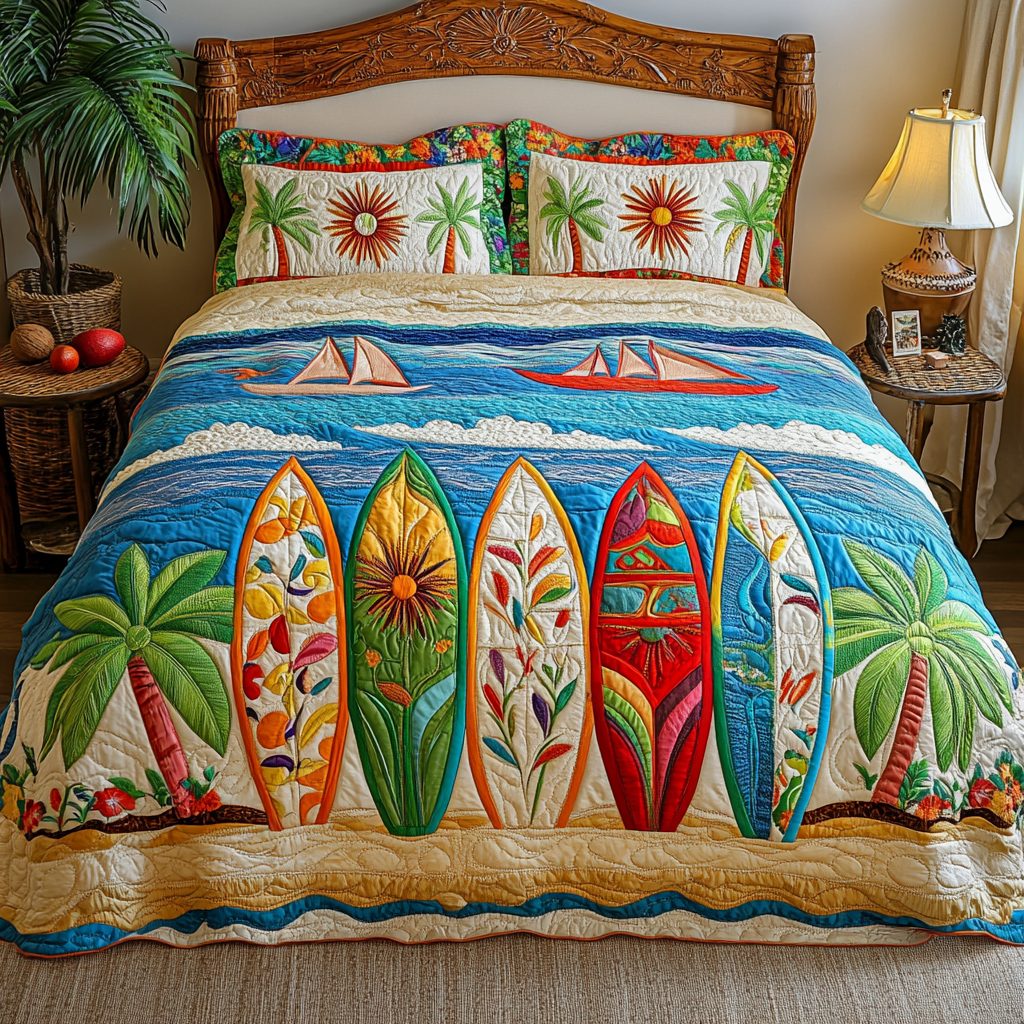 Shoreline Cruiser quilted 3-piece bedding set on a made bed in a light coastal bedroom