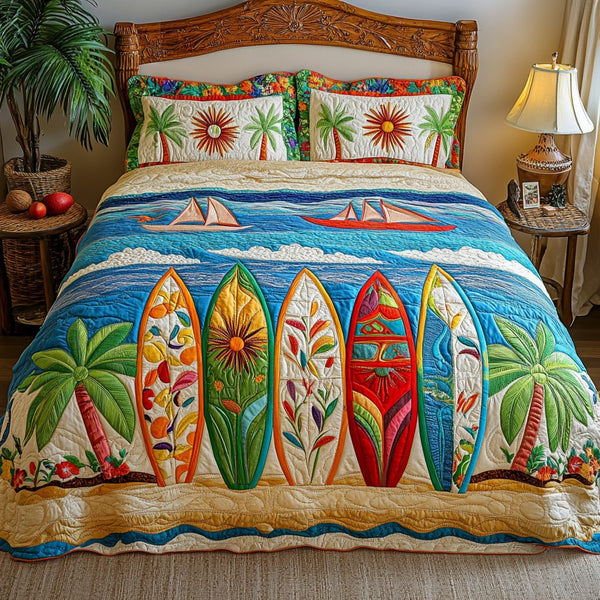 Shoreline Cruiser quilted 3-piece bedding set on a made bed in a light coastal bedroom