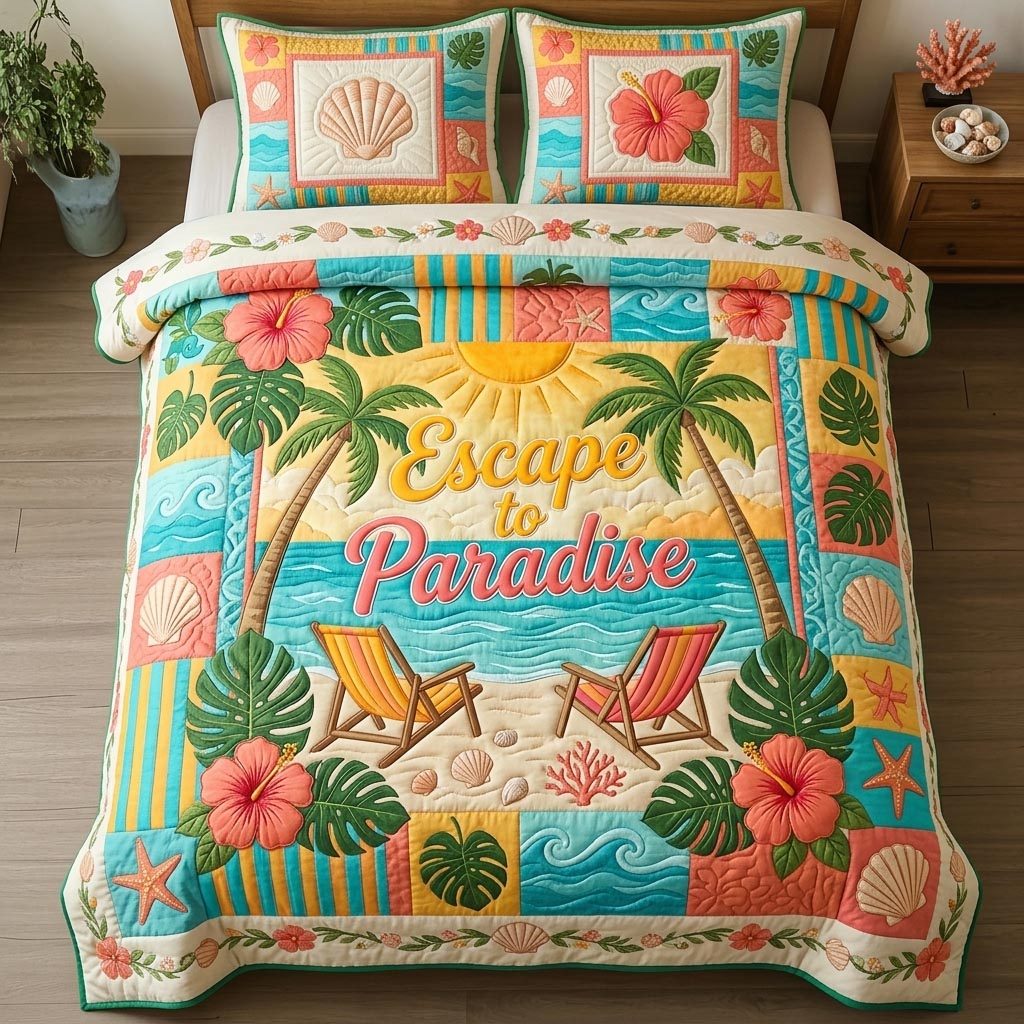Shoreline Gems quilted 3-piece bedding set on a made bed in a light coastal bedroom