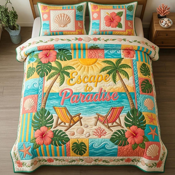 Shoreline Gems quilted 3-piece bedding set on a made bed in a light coastal bedroom