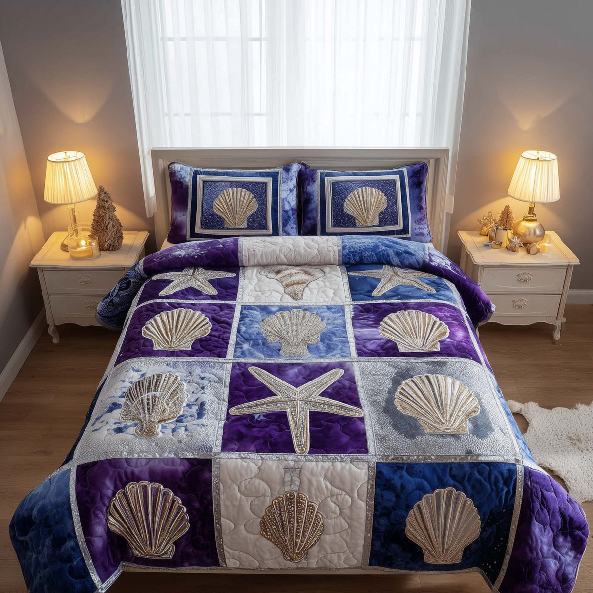 Shoreline Gems quilted 3-piece bedding set on a made bed in a light coastal bedroom